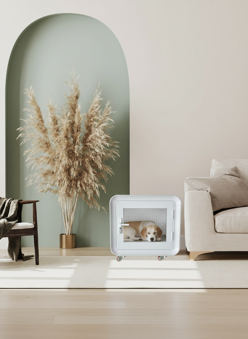 Furrypod acoustic pet pod with a peaceful dog resting inside, placed in a modern living room
