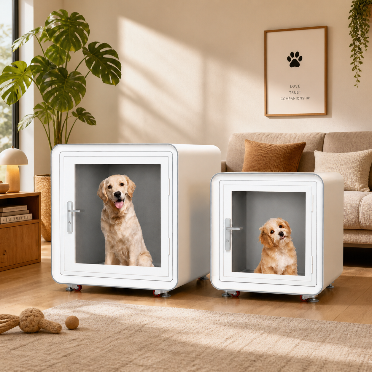 Two Furrypod soundproof booths for dogs and cats in a modern living room - Size L with golden retriever and Size S with smaller dog